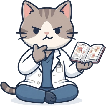 専門医試験ラボのマスコット（白衣の猫が解剖書を開いている）